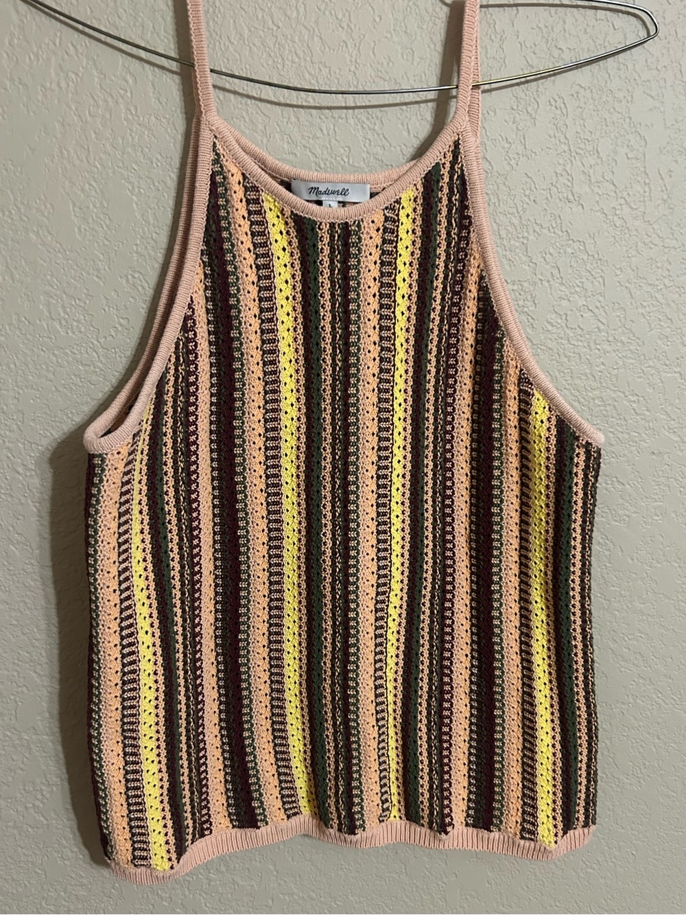 Madewell Pink Crochet Tank with Yellow and Brown Stripes